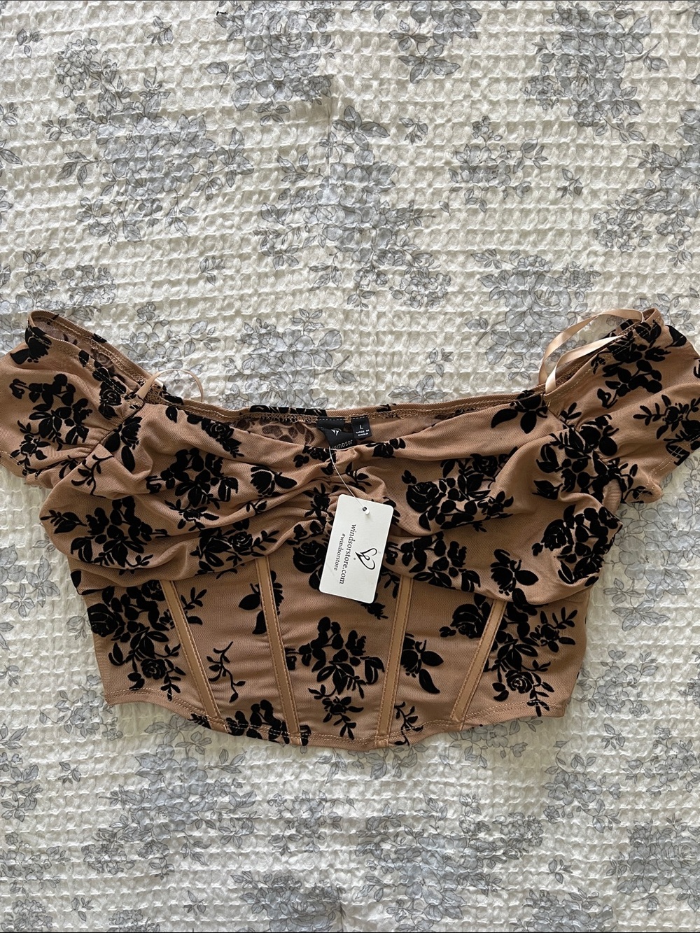 Windsor Black Flocked Floral Brown Off-Shoulder Crop Top
